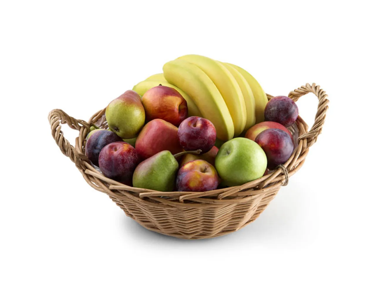 Bilden visar fruktkorg original med äpplen, bananer, päron och apelsiner som innehåll