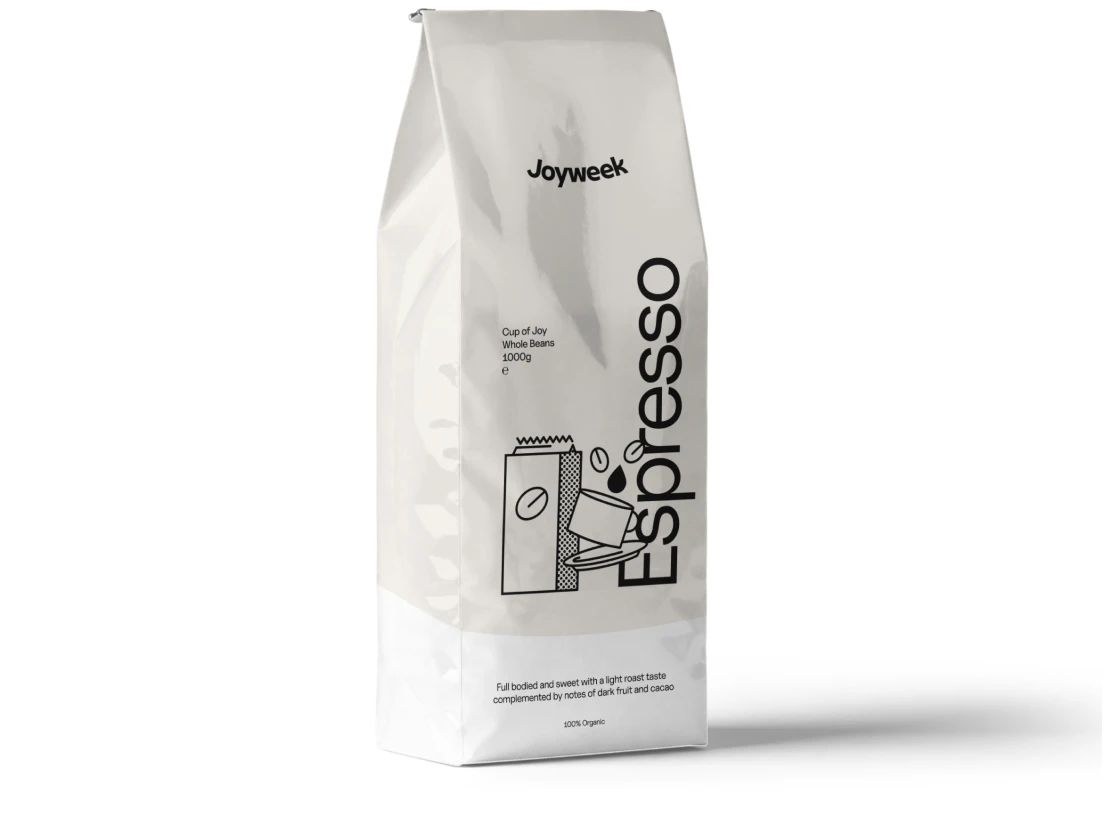 Cup of Joy espressobönor från Joyweek, ekologiskt kaffe med smak av mörk frukt och kakao