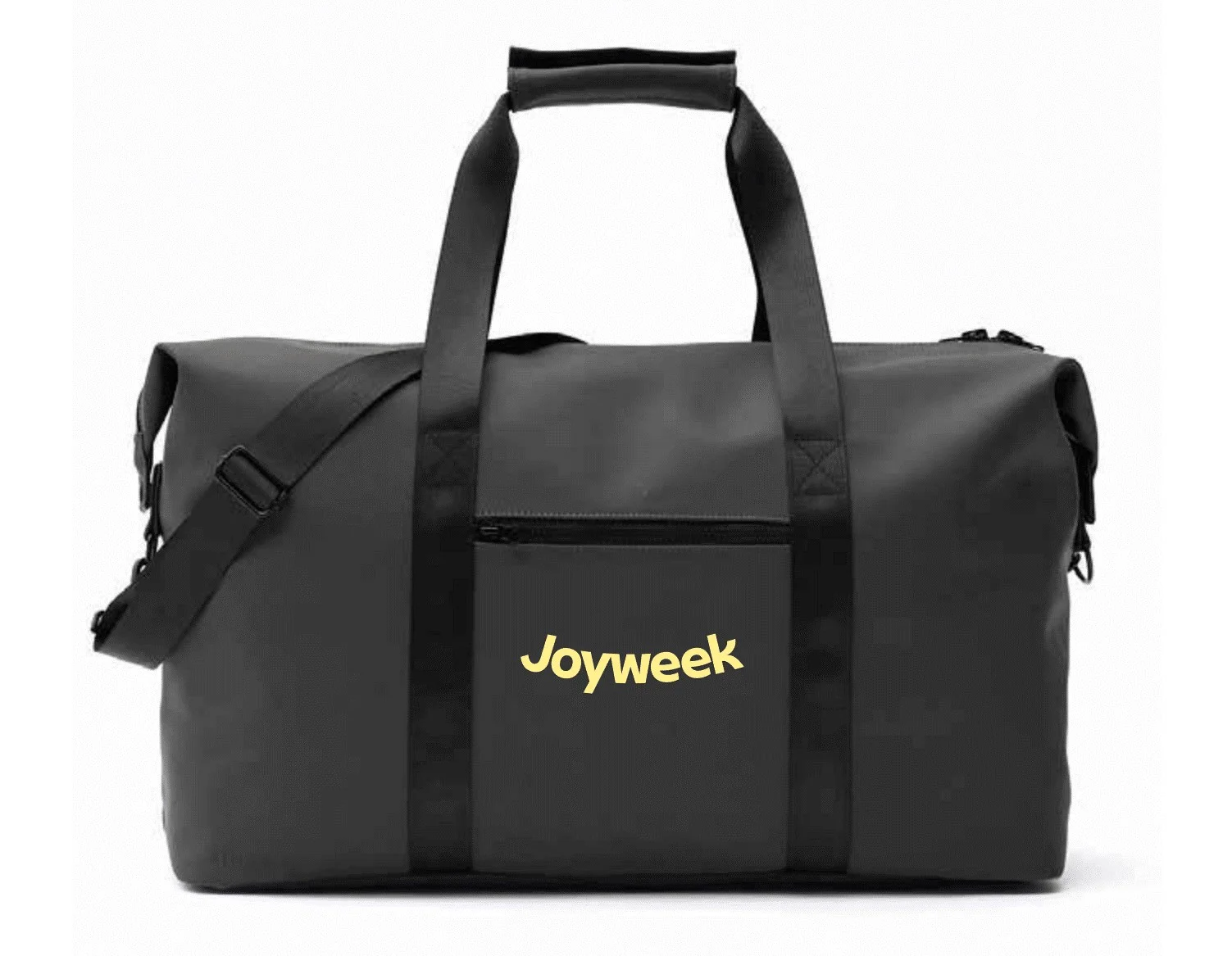 Svart sport- eller weekendväska med gult Joyweek-tryck på framsidan